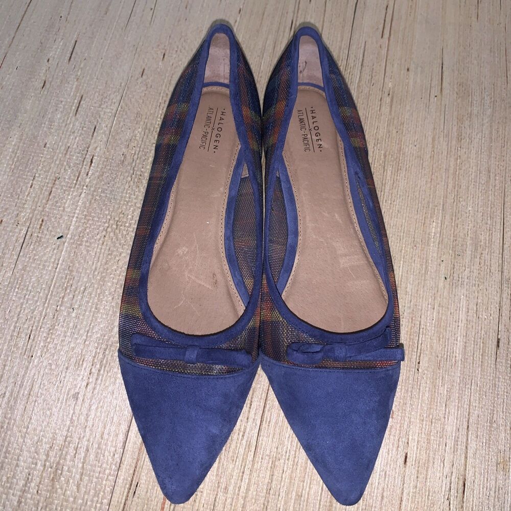 Halogen X Atlantic-Pacific Sadee Blue Plaid Suede and Mesh Flats 9M Party Office